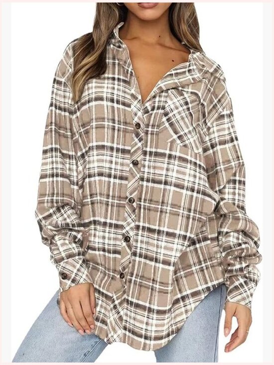 Tops - Oversized Flannel Button Down Plaid Shirt Blouse Top